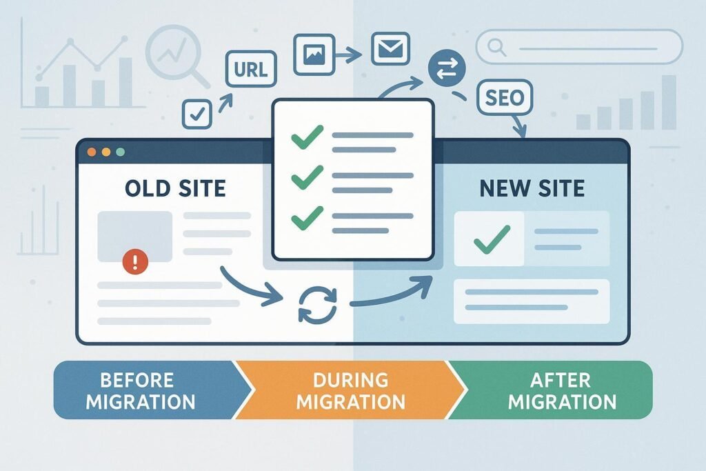 SaaS website migration SEO checklist showing redirects, indexing and traffic monitoring
